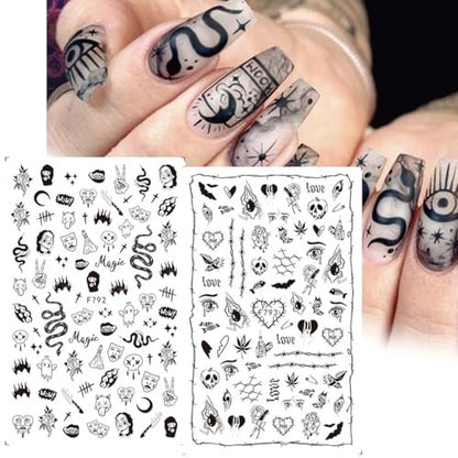 Gothic Snake Nail Art Stickers - 3D Black Skull Nail Decals for Punk Horror Acrylic Nails (8 Pcs)