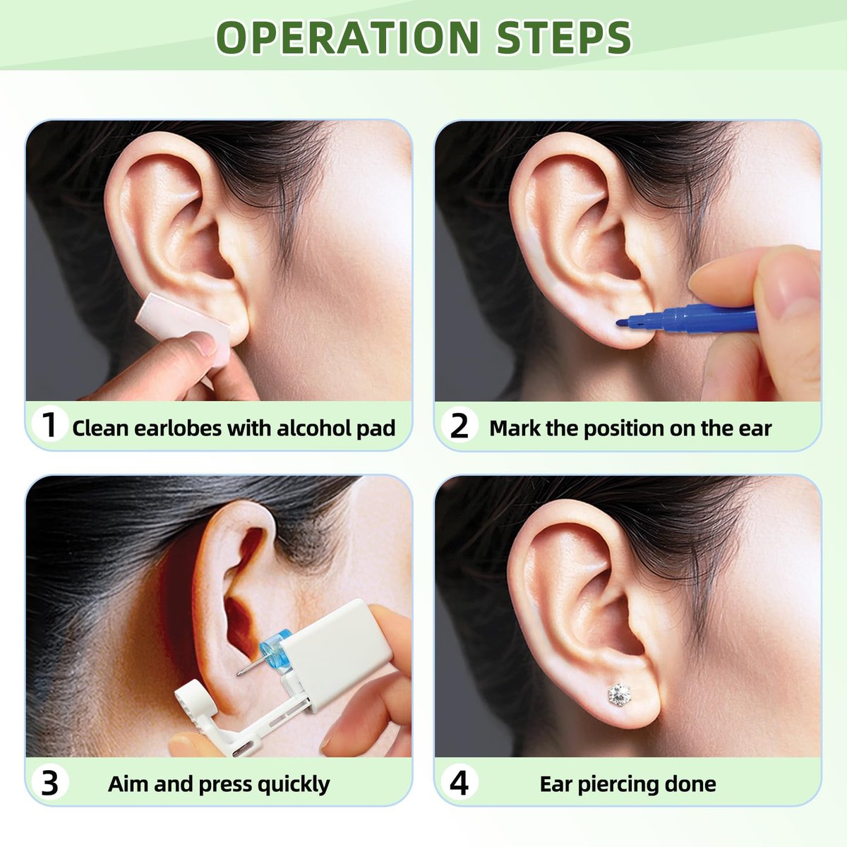Novopiercing 24 Pcs Ear Piercing Kit: Disposable Ear Piercing Gun Kit with 8 Guns, 8 Pcs Earrings Stud, 8 Pcs Cleaning Pads – Safe & Easy DIY Ear Piercing for All Ages - görsel 5