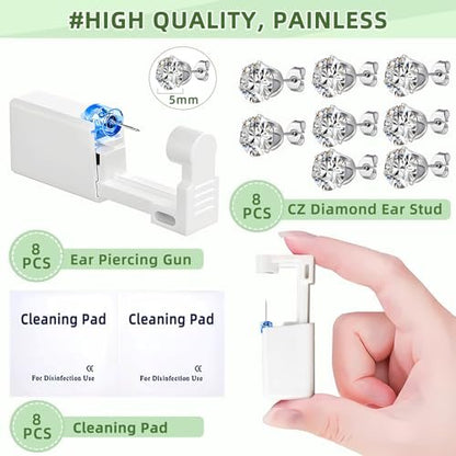 Novopiercing 24 Pcs Ear Piercing Kit: Disposable Ear Piercing Gun Kit with 8 Guns, 8 Pcs Earrings Stud, 8 Pcs Cleaning Pads – Safe & Easy DIY Ear Piercing for All Ages