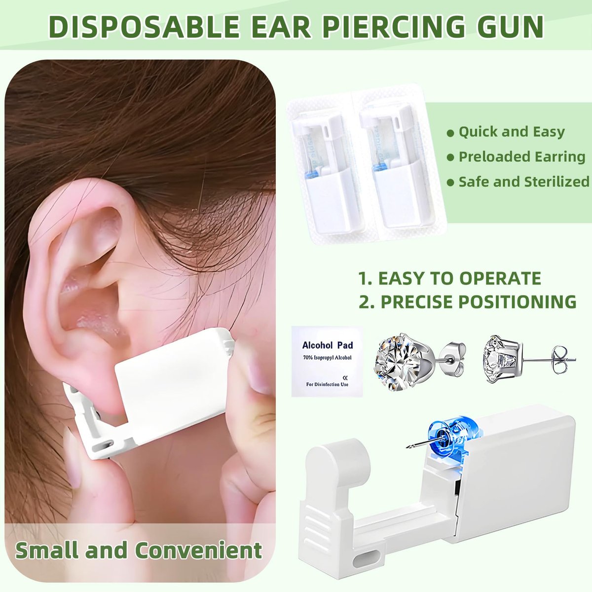 Novopiercing 24 Pcs Ear Piercing Kit: Disposable Ear Piercing Gun Kit with 8 Guns, 8 Pcs Earrings Stud, 8 Pcs Cleaning Pads – Safe & Easy DIY Ear Piercing for All Ages - görsel 7