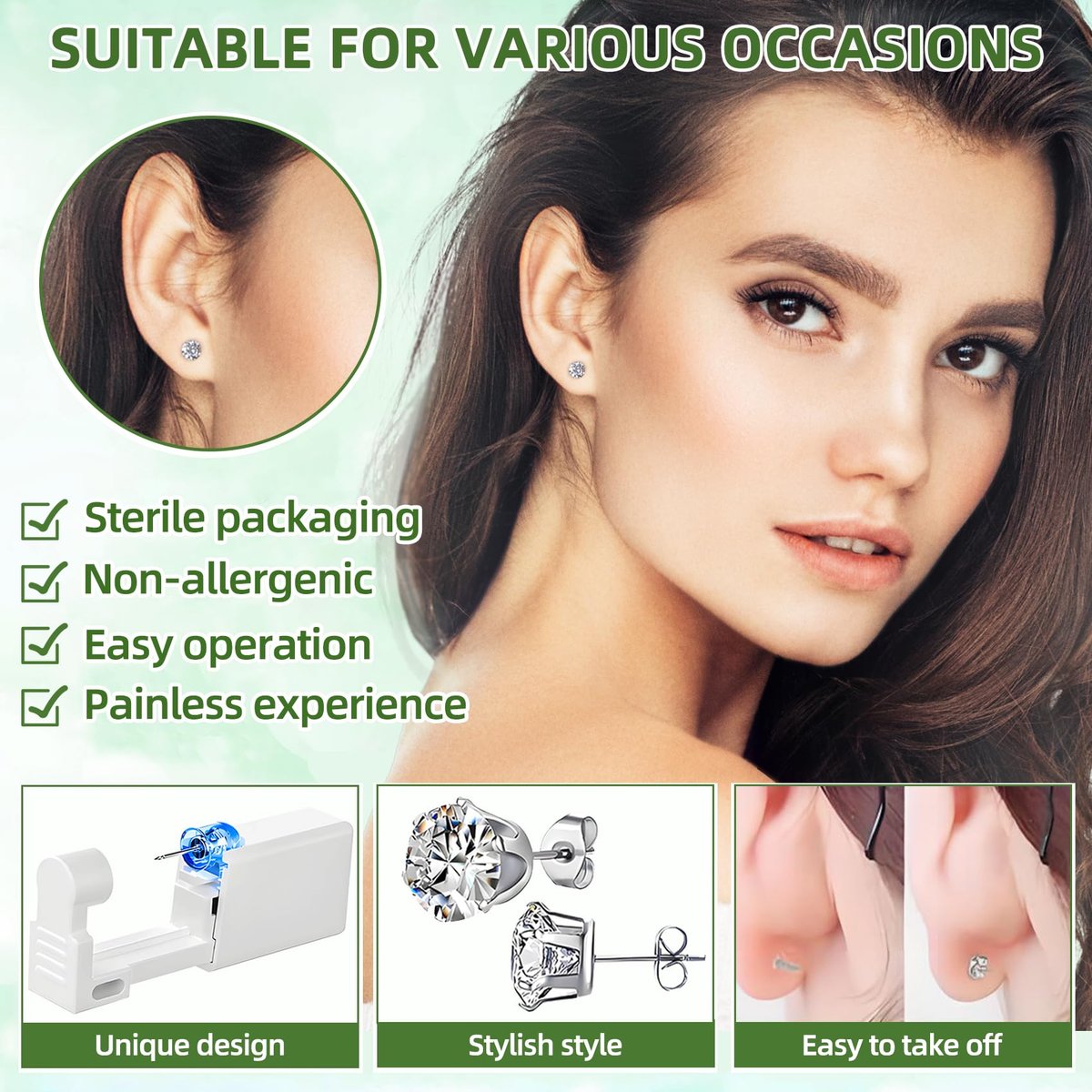 Novopiercing 24 Pcs Ear Piercing Kit: Disposable Ear Piercing Gun Kit with 8 Guns, 8 Pcs Earrings Stud, 8 Pcs Cleaning Pads – Safe & Easy DIY Ear Piercing for All Ages - görsel 11