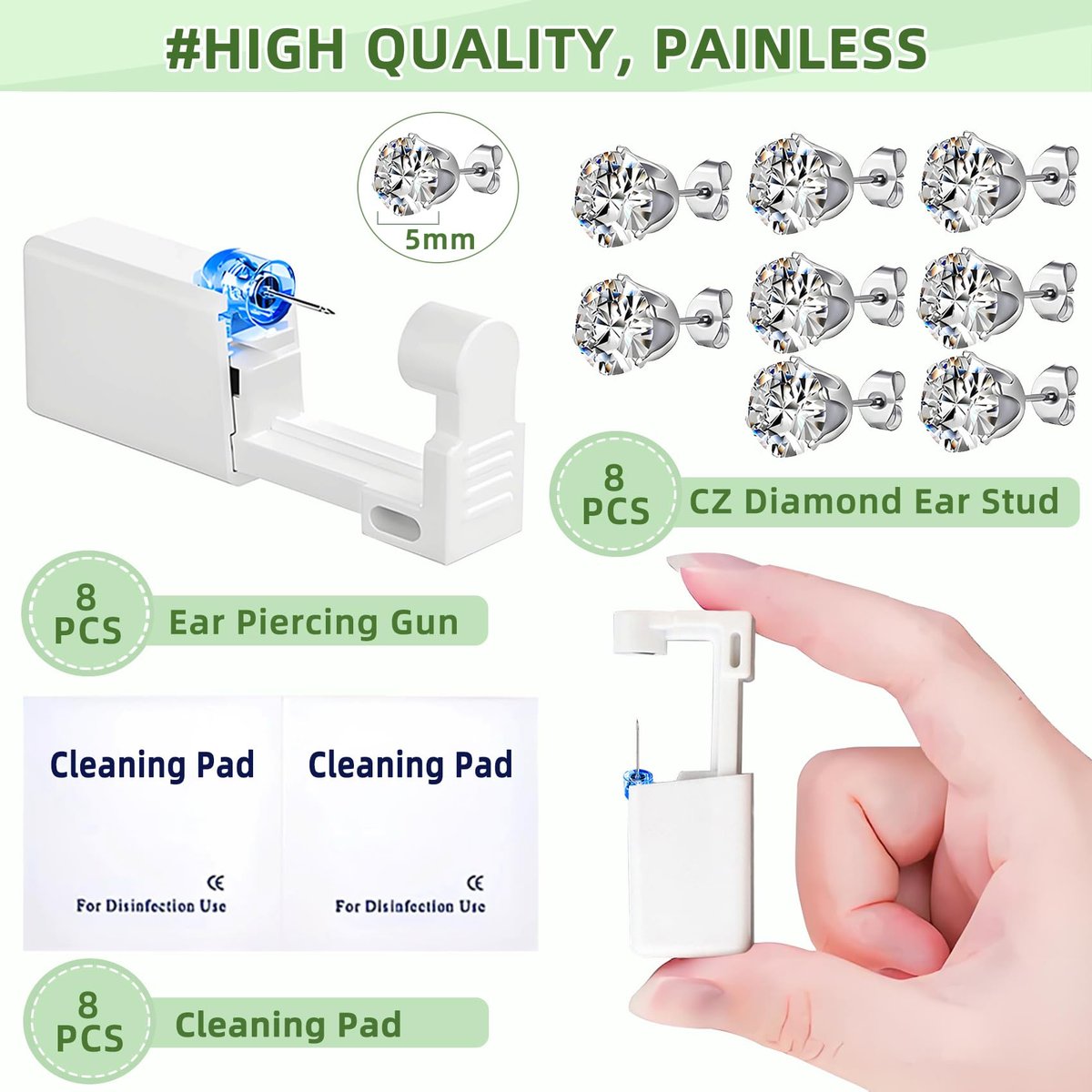 Novopiercing 24 Pcs Ear Piercing Kit: Disposable Ear Piercing Gun Kit with 8 Guns, 8 Pcs Earrings Stud, 8 Pcs Cleaning Pads – Safe & Easy DIY Ear Piercing for All Ages - görsel 3