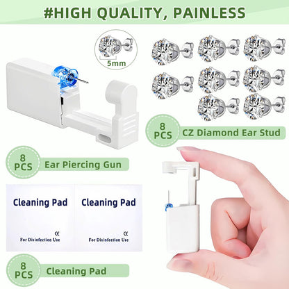 Novopiercing 24 Pcs Ear Piercing Kit: Disposable Ear Piercing Gun Kit with 8 Guns, 8 Pcs Earrings Stud, 8 Pcs Cleaning Pads – Safe & Easy DIY Ear Piercing for All Ages