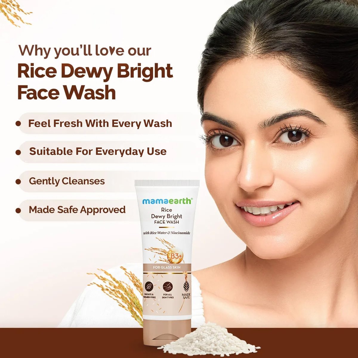 MAMAEARTH Rice Dewy Bright Face Wash with Rice Water & Niacinamide - 3.38 Fl Oz (100ml) Avelisse