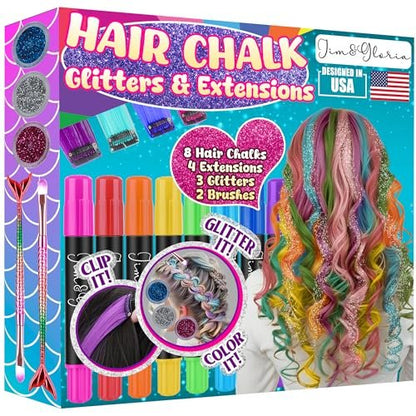 Jim&Gloria Dustless Hair Chalk for Girls - 17 Piece Washable Temporary Hair Color Set with Clip-in Extensions, Brushes & Glitter Avelisse