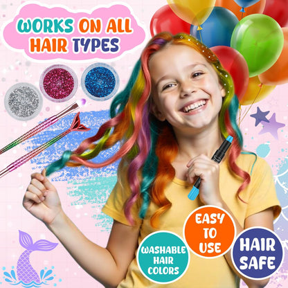 Jim&Gloria Dustless Hair Chalk for Girls - 17 Piece Washable Temporary Hair Color Set with Clip-in Extensions, Brushes & Glitter Avelisse