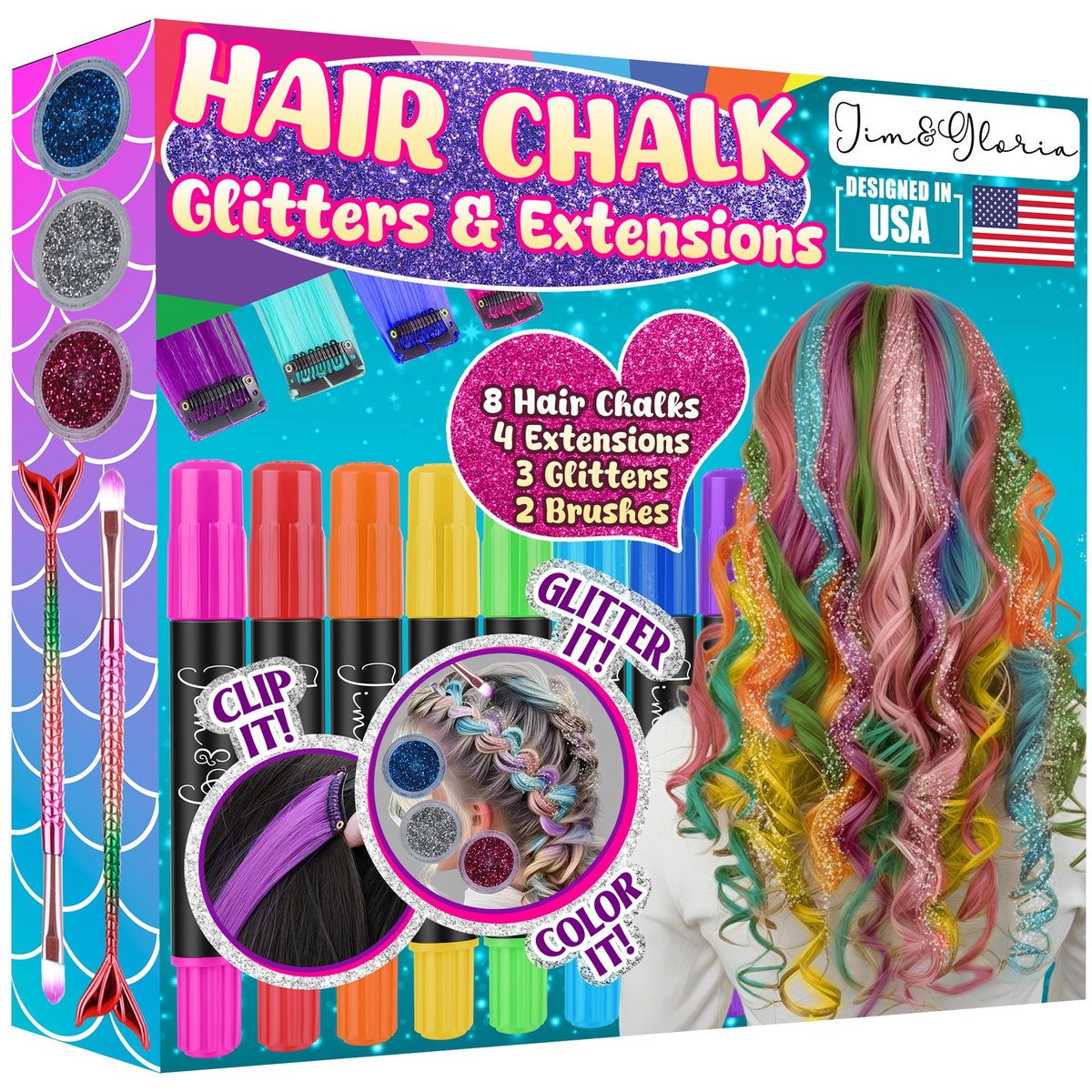 Jim&Gloria Dustless Hair Chalk for Girls - 17 Piece Washable Temporary Hair Color Set with Clip-in Extensions, Brushes & Glitter Avelisse