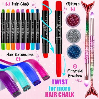 Jim&Gloria Dustless Hair Chalk for Girls - 17 Piece Washable Temporary Hair Color Set with Clip-in Extensions, Brushes & Glitter Avelisse
