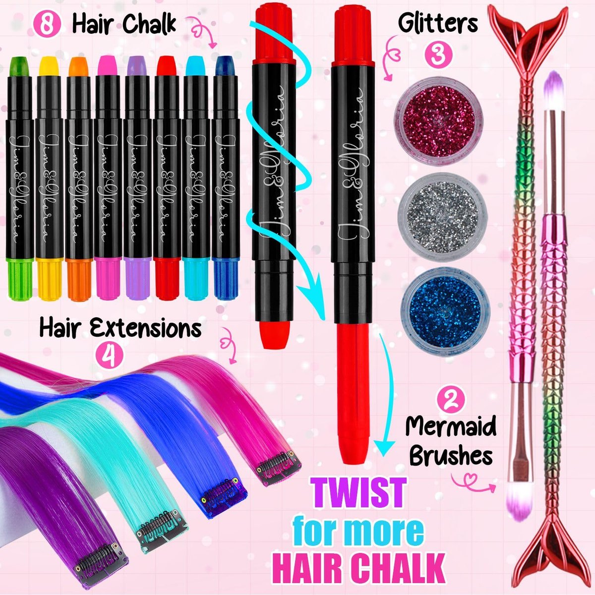 Jim&Gloria Dustless Hair Chalk for Girls - 17 Piece Washable Temporary Hair Color Set with Clip-in Extensions, Brushes & Glitter Avelisse