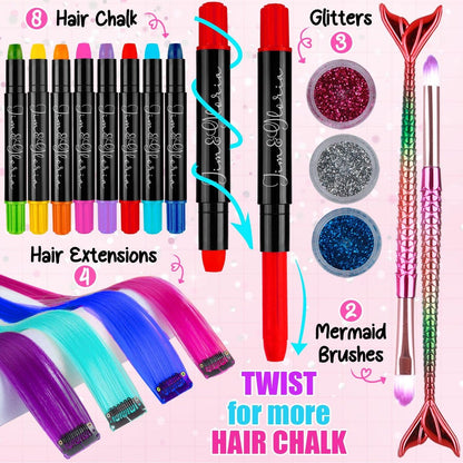 Jim&Gloria Dustless Hair Chalk for Girls - 17 Piece Washable Temporary Hair Color Set with Clip-in Extensions, Brushes & Glitter Avelisse
