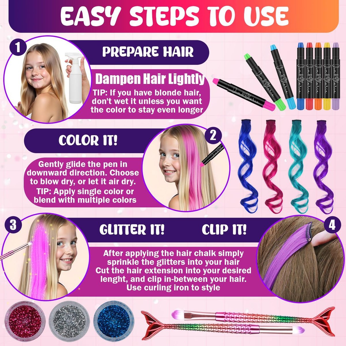 Jim&Gloria Dustless Hair Chalk for Girls - 17 Piece Washable Temporary Hair Color Set with Clip-in Extensions, Brushes & Glitter Avelisse