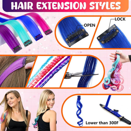Jim&Gloria Dustless Hair Chalk for Girls - 17 Piece Washable Temporary Hair Color Set with Clip-in Extensions, Brushes & Glitter Avelisse