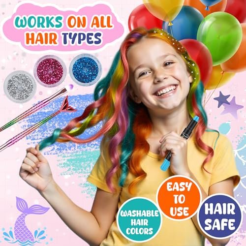 Jim&Gloria Dustless Hair Chalk for Girls - 17 Piece Washable Temporary Hair Color Set with Clip-in Extensions, Brushes & Glitter Avelisse