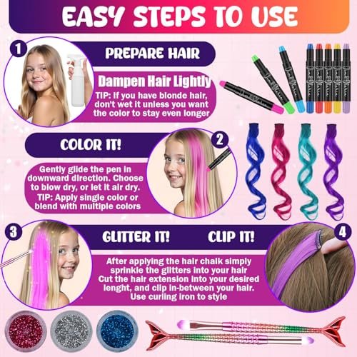 Jim&Gloria Dustless Hair Chalk for Girls - 17 Piece Washable Temporary Hair Color Set with Clip-in Extensions, Brushes & Glitter Avelisse