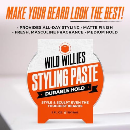 Wild Willies Beard Styling Paste - Durable Medium Hold, Hydrates & Tames Flyaway Facial Hair - Non-Greasy, Matte Finish Beard Cream, 2 fl oz