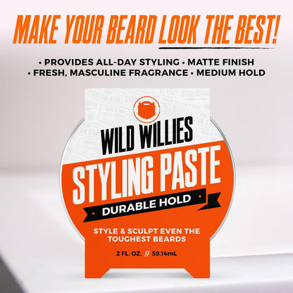 Wild Willies Beard Styling Paste - Durable Medium Hold, Hydrates & Tames Flyaway Facial Hair - Non-Greasy, Matte Finish Beard Cream, 2 fl oz