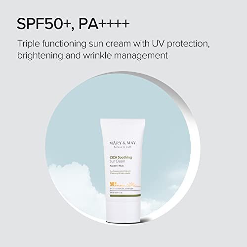 Mary&May CICA Soothing Sun Cream SPF50+ PA++++ 50ml – Light Absorption, Non-Sticky, Hydrating Facial Sunscreen with No White Cast, Vegan & Cruelty-Free Avelisse
