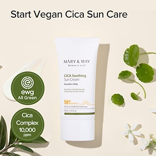 Mary&May CICA Soothing Sun Cream SPF50+ PA++++ 50ml – Light Absorption, Non-Sticky, Hydrating Facial Sunscreen with No White Cast, Vegan & Cruelty-Free Avelisse
