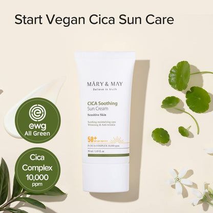 Mary&May CICA Soothing Sun Cream SPF50+ PA++++ 50ml – Light Absorption, Non-Sticky, Hydrating Facial Sunscreen with No White Cast, Vegan & Cruelty-Free Avelisse