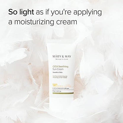 Mary&May CICA Soothing Sun Cream SPF50+ PA++++ 50ml – Light Absorption, Non-Sticky, Hydrating Facial Sunscreen with No White Cast, Vegan & Cruelty-Free Avelisse
