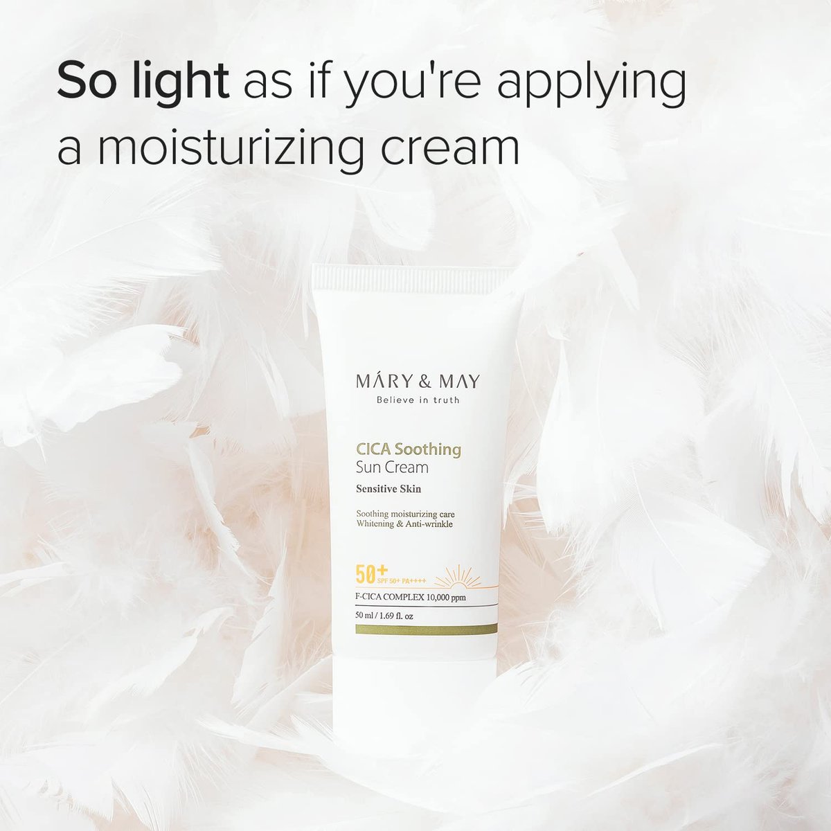Mary&May CICA Soothing Sun Cream SPF50+ PA++++ 50ml – Light Absorption, Non-Sticky, Hydrating Facial Sunscreen with No White Cast, Vegan & Cruelty-Free Avelisse