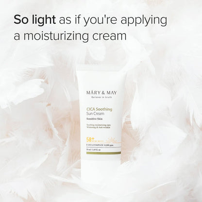 Mary&May CICA Soothing Sun Cream SPF50+ PA++++ 50ml – Light Absorption, Non-Sticky, Hydrating Facial Sunscreen with No White Cast, Vegan & Cruelty-Free Avelisse