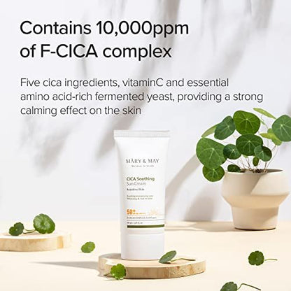 Mary&May CICA Soothing Sun Cream SPF50+ PA++++ 50ml – Light Absorption, Non-Sticky, Hydrating Facial Sunscreen with No White Cast, Vegan & Cruelty-Free Avelisse