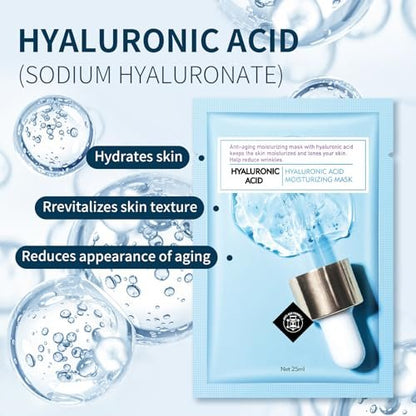 Hydrating Hyaluronic Acid Face Mask Sheet – Deep Moisturizing Anti-Aging Facial Mask for Women, 10 Pack