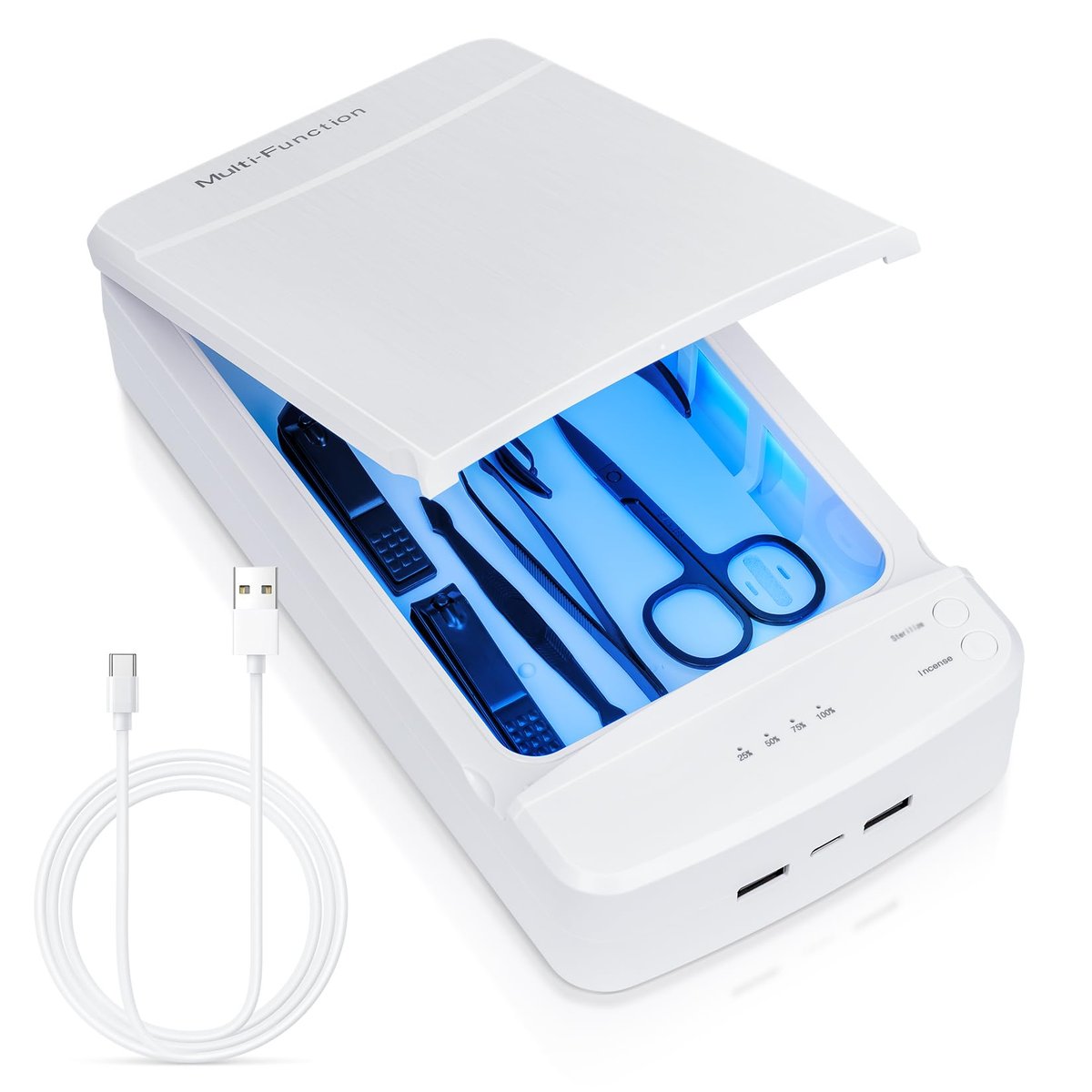 LXIANGN Portable Nail Tool Sterilizer with Blue Light - USB Sterilizing Box for Manicure Salon, Tweezers, Scissors, Jewelry, Phone, Watch, Keys (White) - görsel 1