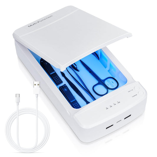 LXIANGN Portable Nail Tool Sterilizer with Blue Light - USB Sterilizing Box for Manicure Salon, Tweezers, Scissors, Jewelry, Phone, Watch, Keys (White)