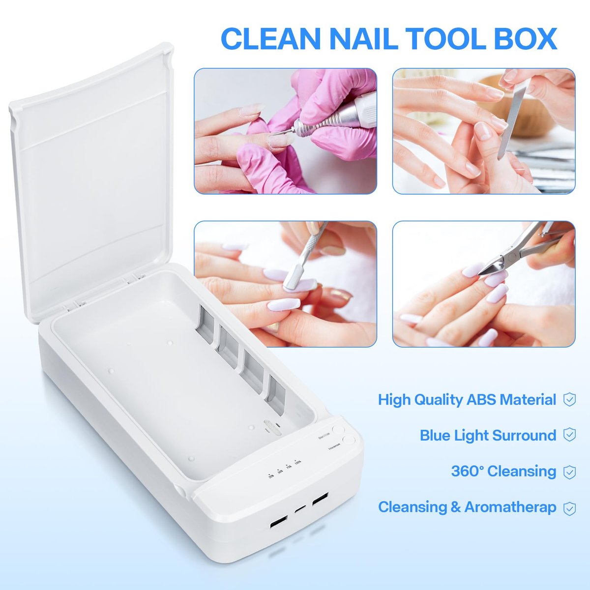 LXIANGN Portable Nail Tool Sterilizer with Blue Light - USB Sterilizing Box for Manicure Salon, Tweezers, Scissors, Jewelry, Phone, Watch, Keys (White) - görsel 5