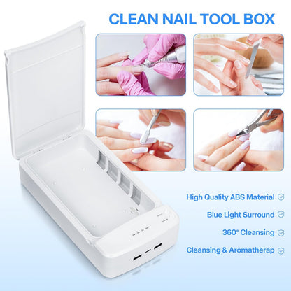 LXIANGN Portable Nail Tool Sterilizer with Blue Light - USB Sterilizing Box for Manicure Salon, Tweezers, Scissors, Jewelry, Phone, Watch, Keys (White)