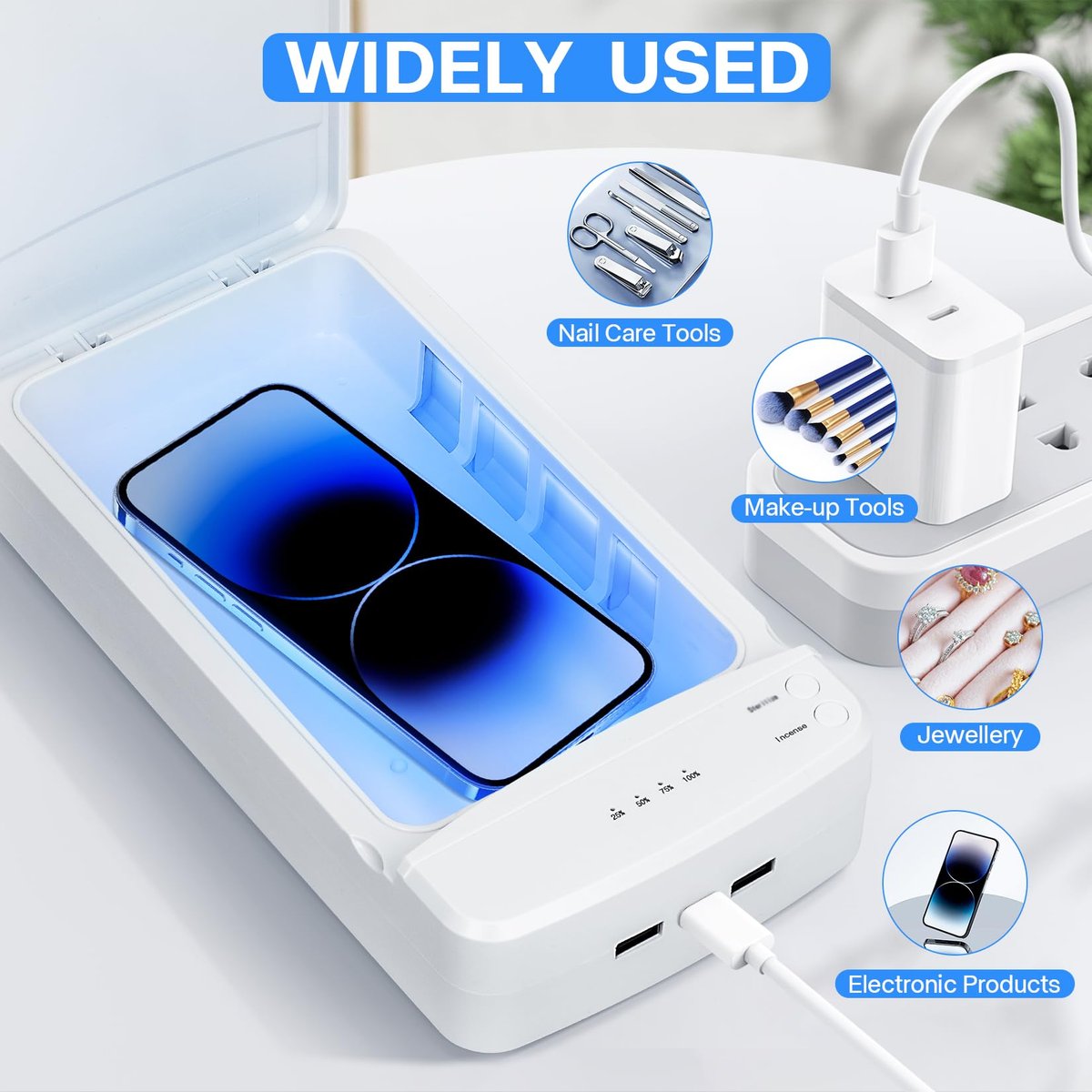 LXIANGN Portable Nail Tool Sterilizer with Blue Light - USB Sterilizing Box for Manicure Salon, Tweezers, Scissors, Jewelry, Phone, Watch, Keys (White) - görsel 13