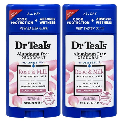 Dr. Teal's Rose & Milk Deodorant Gift Set (2 Pack, 2.65 oz Each) - Aluminum Free with Magnesium, Shea Butter & Arrowroot Powder