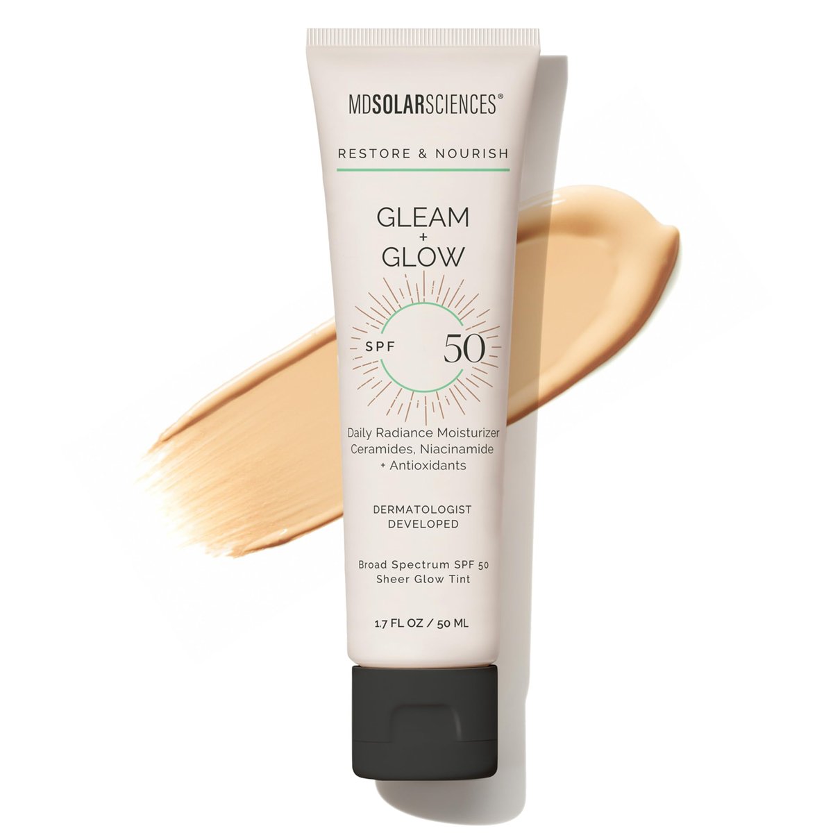 MDSolarSciences Gleam + Glow Sunscreen SPF 50 | Sheer Glow Tinted Moisturizer with Broad Spectrum UV Protection | Infused with Antioxidants, Ceramides & Vitamin C | Safe for Sensitive Skin (1.7 Fl Oz) Avelisse