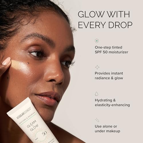 MDSolarSciences Gleam + Glow Sunscreen SPF 50 | Sheer Glow Tinted Moisturizer with Broad Spectrum UV Protection | Infused with Antioxidants, Ceramides & Vitamin C | Safe for Sensitive Skin (1.7 Fl Oz) Avelisse