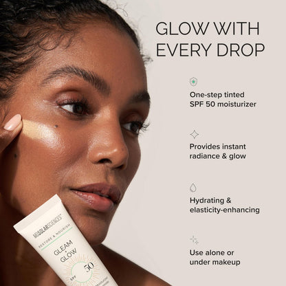 MDSolarSciences Gleam + Glow Sunscreen SPF 50 | Sheer Glow Tinted Moisturizer with Broad Spectrum UV Protection | Infused with Antioxidants, Ceramides & Vitamin C | Safe for Sensitive Skin (1.7 Fl Oz) Avelisse