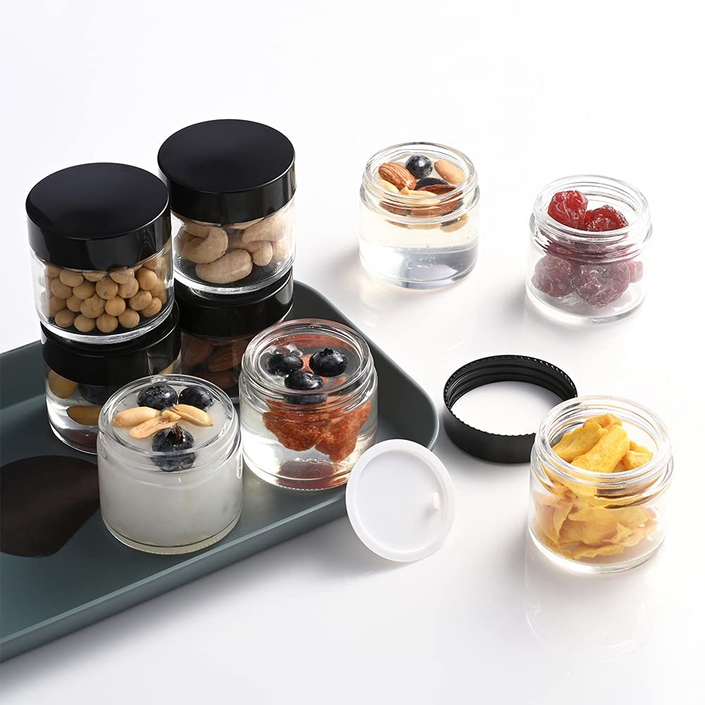 Small Glass Jars with Lids, 3 Pack 2 oz Bumobum Clear Jars with Black Lids, Blank Labels & Inner Liners, 60 ml Empty Round Cosmetic Containers for Sample, Powder, Cream, Lotion, Spice - görsel 9