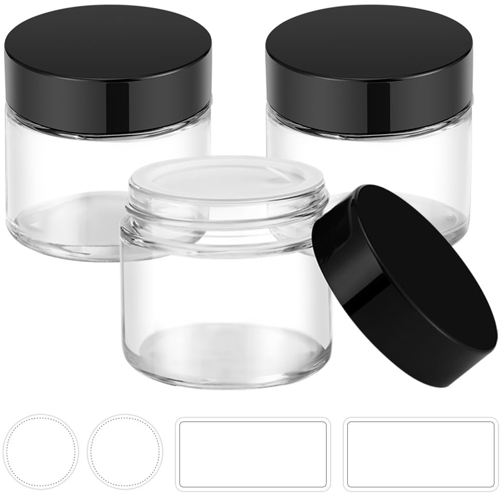 Small Glass Jars with Lids, 3 Pack 2 oz Bumobum Clear Jars with Black Lids, Blank Labels & Inner Liners, 60 ml Empty Round Cosmetic Containers for Sample, Powder, Cream, Lotion, Spice - görsel 1