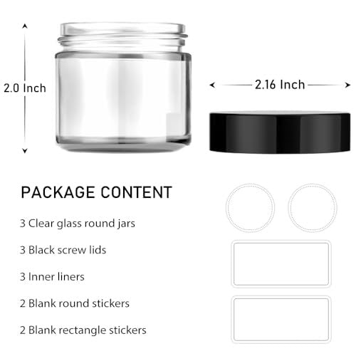 Small Glass Jars with Lids, 3 Pack 2 oz Bumobum Clear Jars with Black Lids, Blank Labels & Inner Liners, 60 ml Empty Round Cosmetic Containers for Sample, Powder, Cream, Lotion, Spice - görsel 12