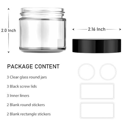 Small Glass Jars with Lids, 3 Pack 2 oz Bumobum Clear Jars with Black Lids, Blank Labels & Inner Liners, 60 ml Empty Round Cosmetic Containers for Sample, Powder, Cream, Lotion, Spice