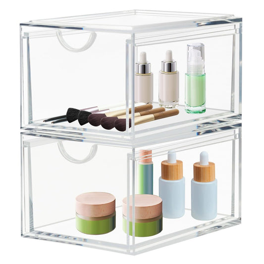 CECOLIC 2 Pack Stackable Clear Acrylic Cosmetic Organizer Drawers - Makeup Storage for Vanity, Bathroom Countertop, Bedroom Dresser & Kitchen Cabinets