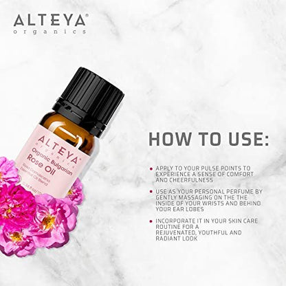 Alteya USDA Organic Bulgarian Rose Oil Rosa Damascena Otto - 100% Pure Multi-Use Essential Oil for Aromatherapy, Skincare & Massage (10 mL) Avelisse