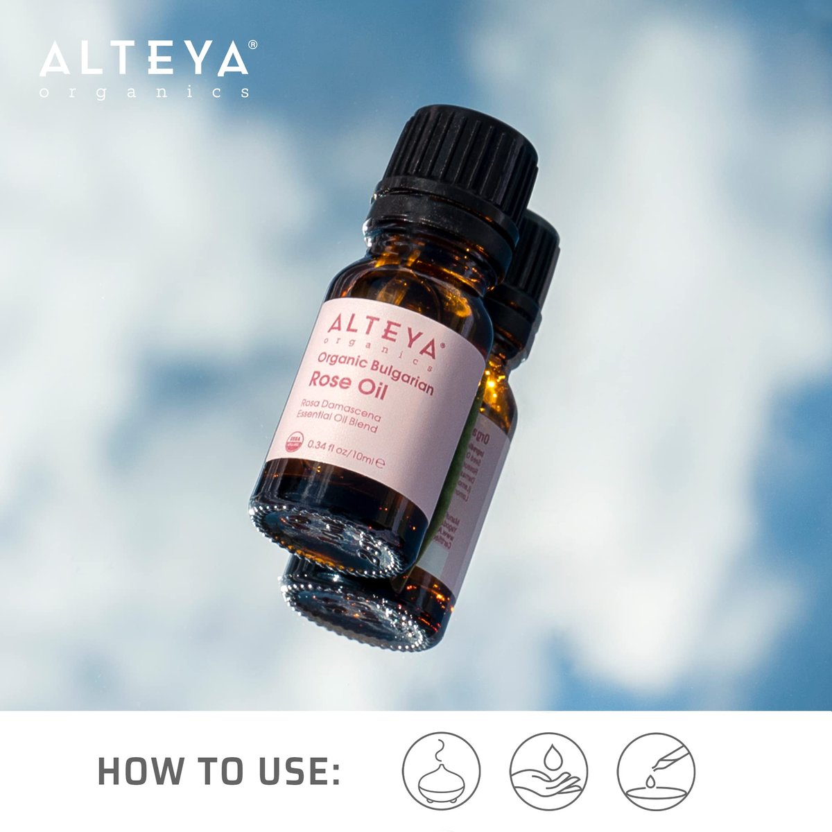 Alteya USDA Organic Bulgarian Rose Oil Rosa Damascena Otto - 100% Pure Multi-Use Essential Oil for Aromatherapy, Skincare & Massage (10 mL) Avelisse