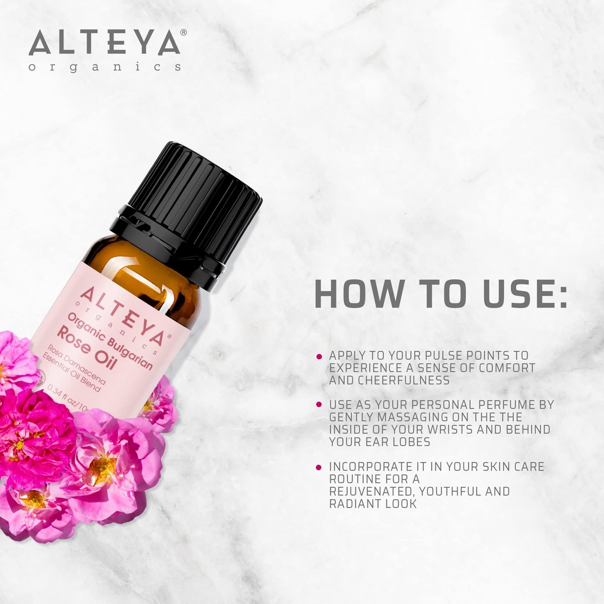 Alteya USDA Organic Bulgarian Rose Oil Rosa Damascena Otto - 100% Pure Multi-Use Essential Oil for Aromatherapy, Skincare & Massage (10 mL) Avelisse