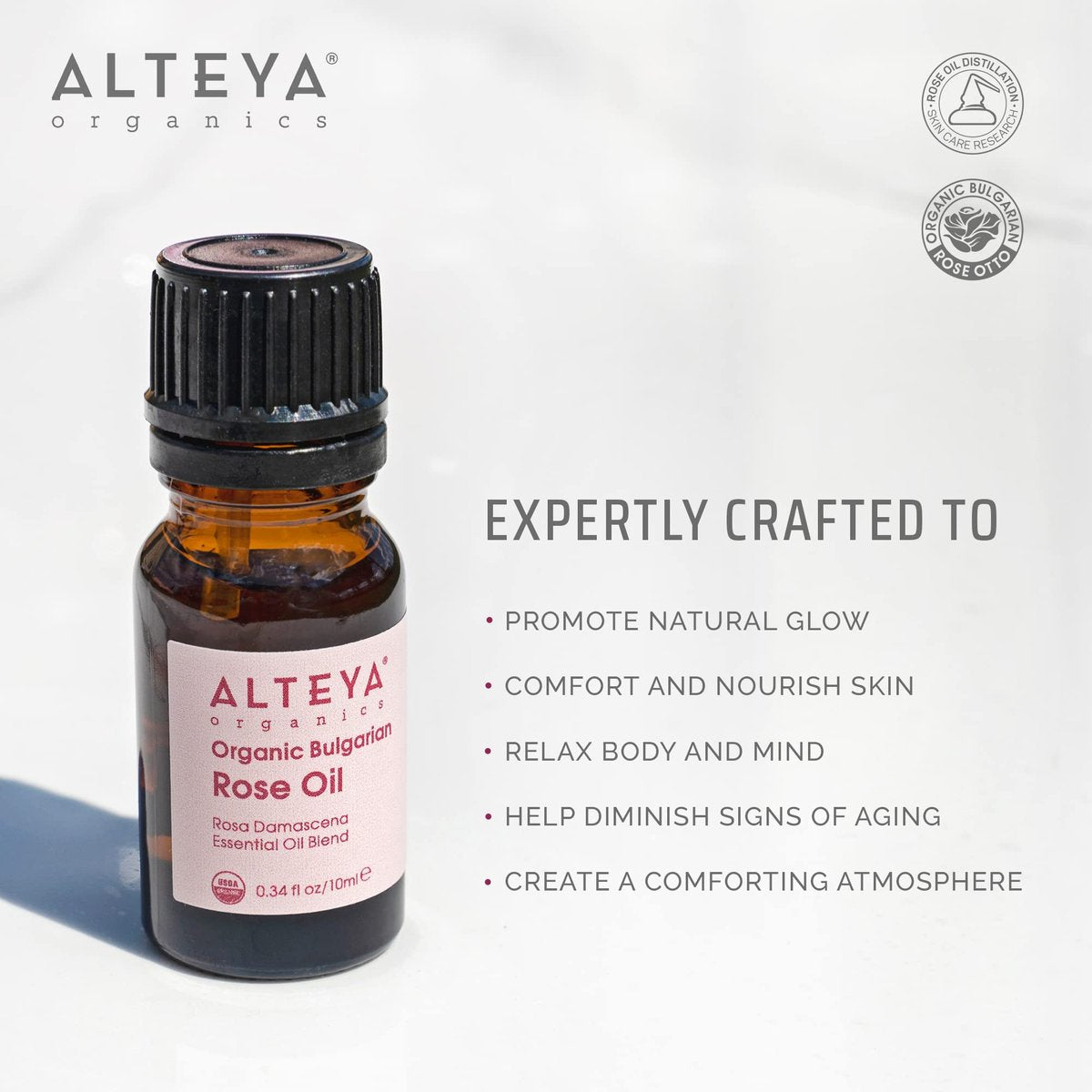 Alteya USDA Organic Bulgarian Rose Oil Rosa Damascena Otto - 100% Pure Multi-Use Essential Oil for Aromatherapy, Skincare & Massage (10 mL) Avelisse