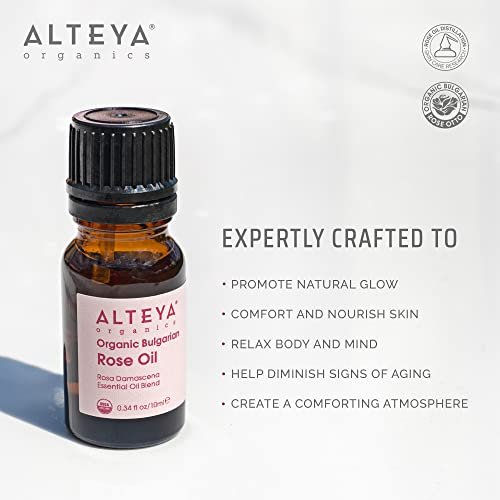 Alteya USDA Organic Bulgarian Rose Oil Rosa Damascena Otto - 100% Pure Multi-Use Essential Oil for Aromatherapy, Skincare & Massage (10 mL) Avelisse