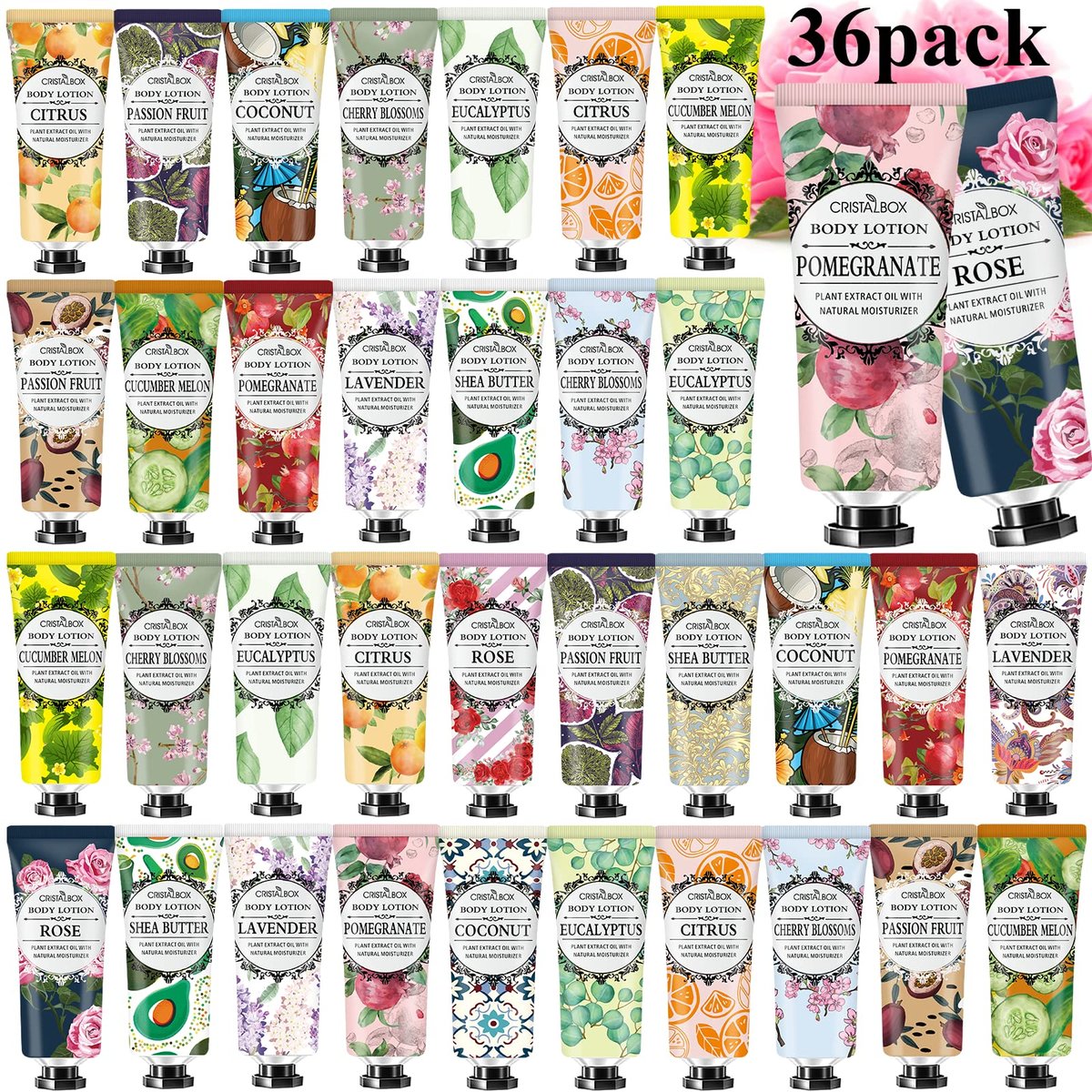36 Pack Natural Plant Scented Body Lotion for Dry Skin - Shea Butter Body Moisturizer Travel Size Bulk for Women and Men - Rose, Lavender, Citrus, Eucalyptus - görsel 1