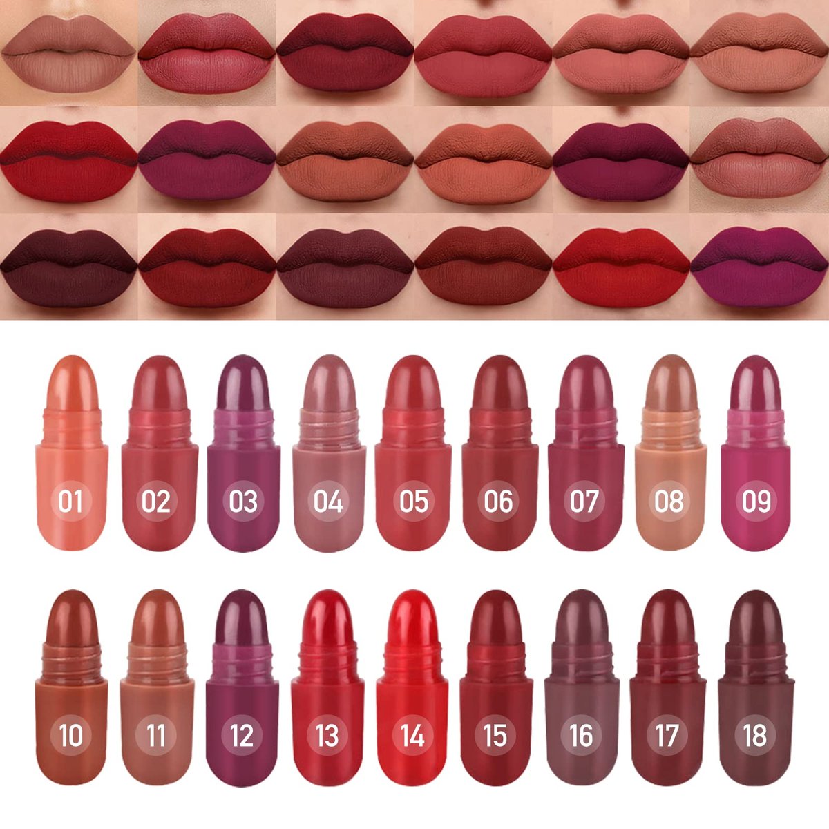 LSxia 18 Colors Capsule Pills Lipstick Mini Lip-Stick Set, Long Lasting Mini Matte Lipstick Lip Stain Lip Tint - Labiales Mate 24 Horas Originales, Cute Dark Red Matte Lipsticks Set for Women - görsel 1