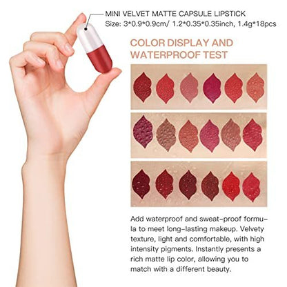 LSxia 18 Colors Capsule Pills Lipstick Mini Lip-Stick Set, Long Lasting Mini Matte Lipstick Lip Stain Lip Tint - Labiales Mate 24 Horas Originales, Cute Dark Red Matte Lipsticks Set for Women